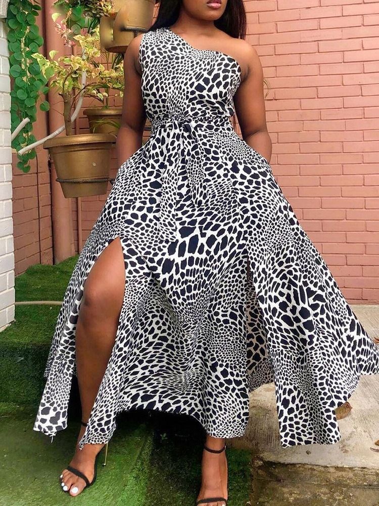 Vestido De Leopardo Feminino Com Gola Oblíqua Sem Mangas Com Cordões De Verão