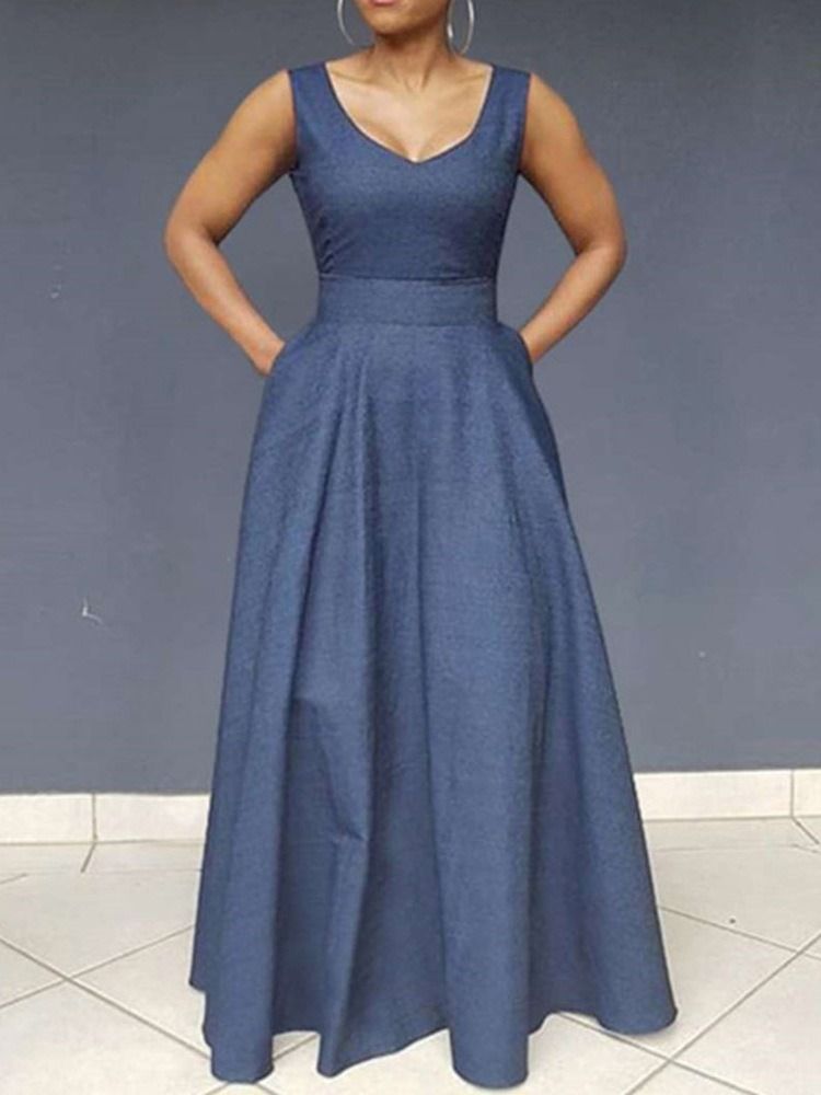 Vestido Longo Feminino Casual Sem Mangas Comprido Até O Chão