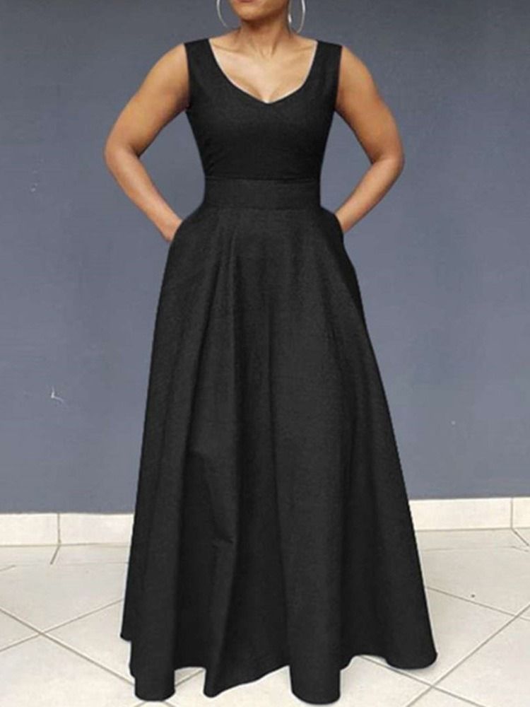 Vestido Longo Feminino Casual Sem Mangas Comprido Até O Chão