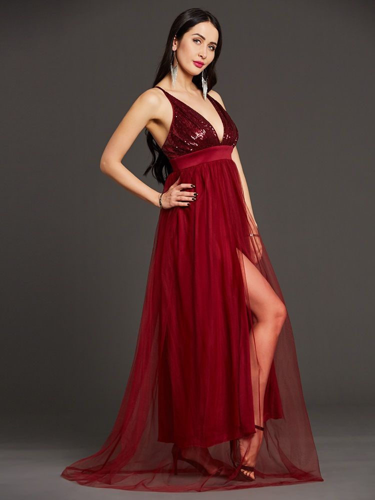 Vestido Longo Feminino Com Alça Espaguete Em Malha Transparente