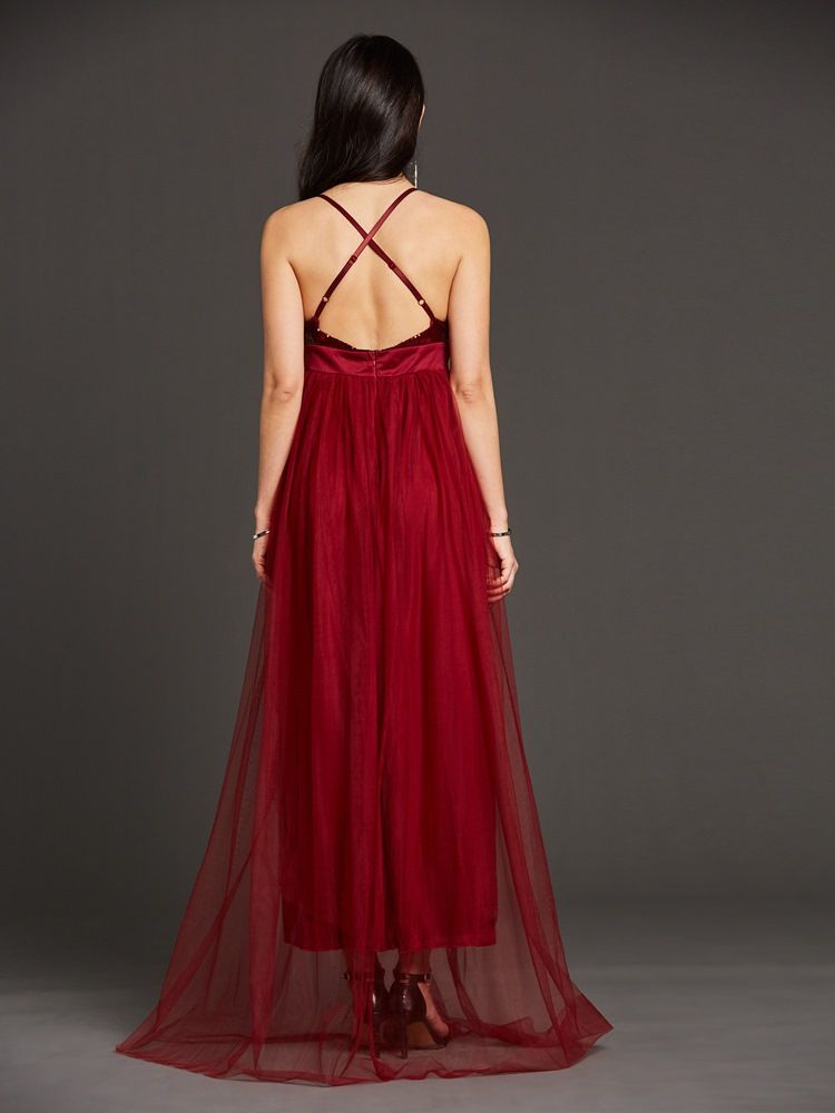 Vestido Longo Feminino Com Alça Espaguete Em Malha Transparente