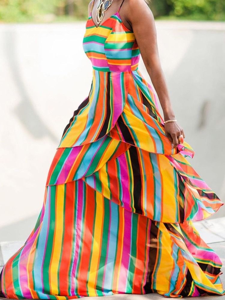 Vestido Longo Feminino Com Decote Em V Sem Mangas E Expansão Em Patchwork