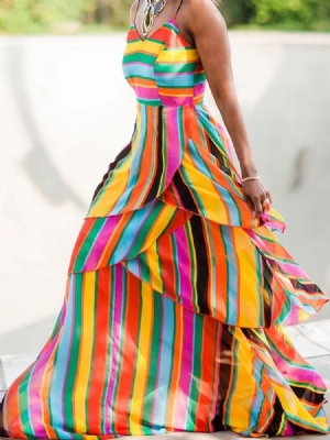 Vestido Longo Feminino Com Decote Em V Sem Mangas E Expansão Em Patchwork