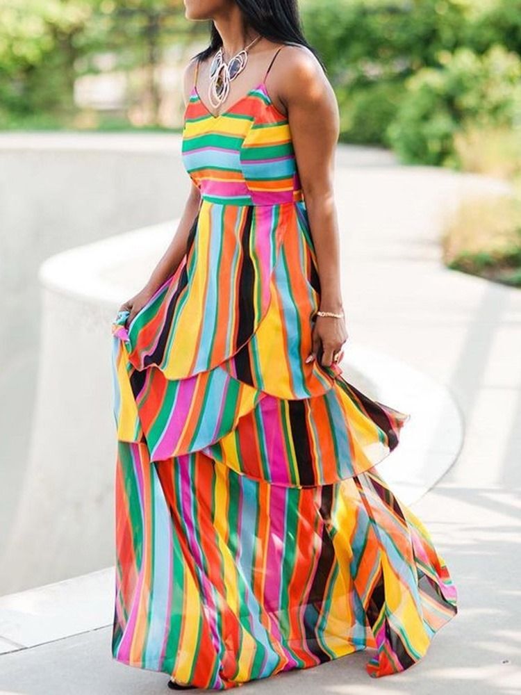 Vestido Longo Feminino Com Decote Em V Sem Mangas E Expansão Em Patchwork
