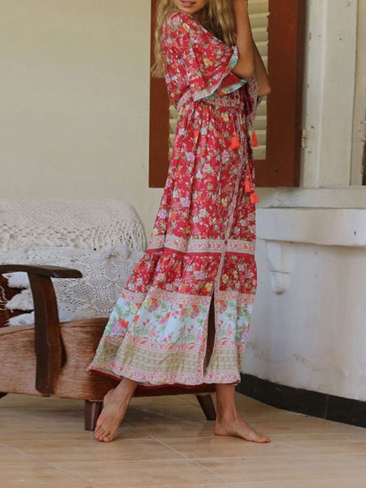 Vestido Longo Floral Com Estampa Até O Tornozelo Com Decote Em V Vestidos De Praia Para Mulheres