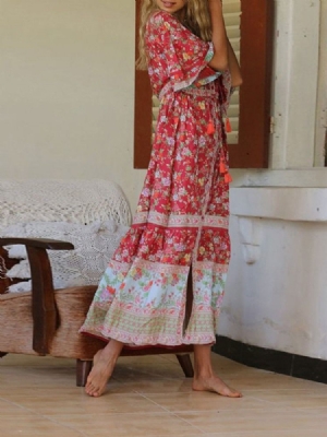 Vestido Longo Floral Com Estampa Até O Tornozelo Com Decote Em V Vestidos De Praia Para Mulheres