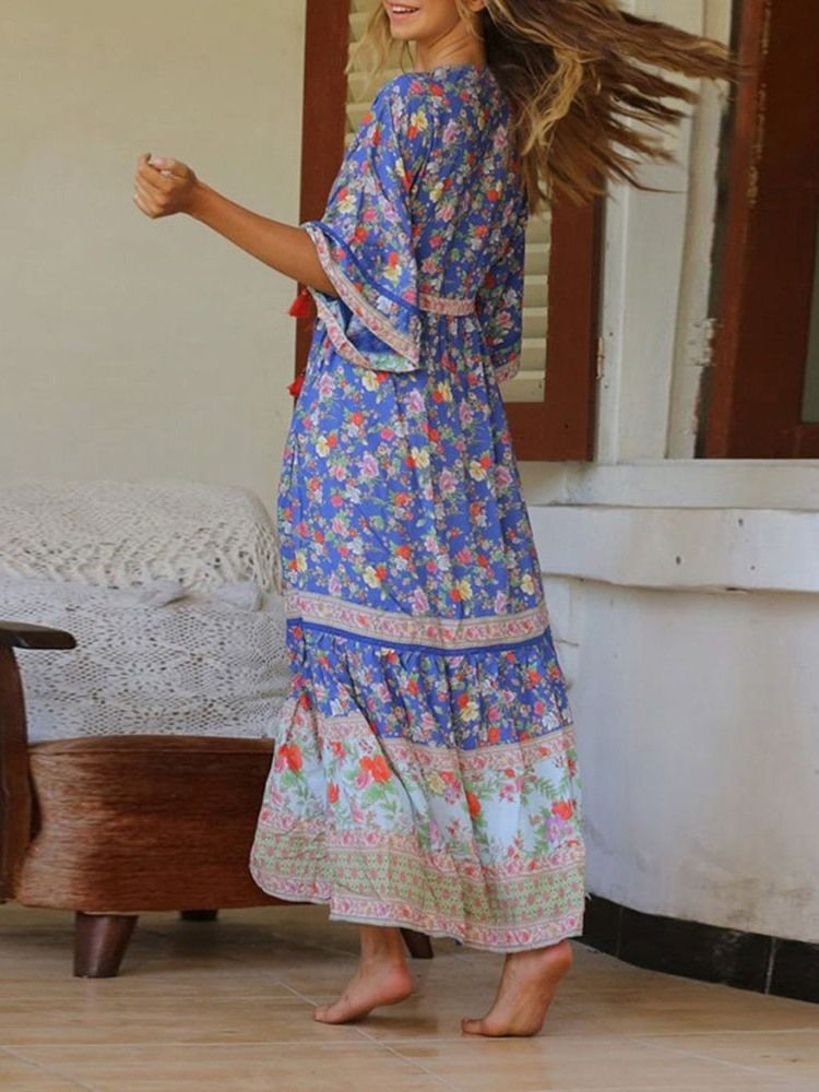 Vestido Longo Floral Com Estampa Até O Tornozelo Com Decote Em V Vestidos De Praia Para Mulheres