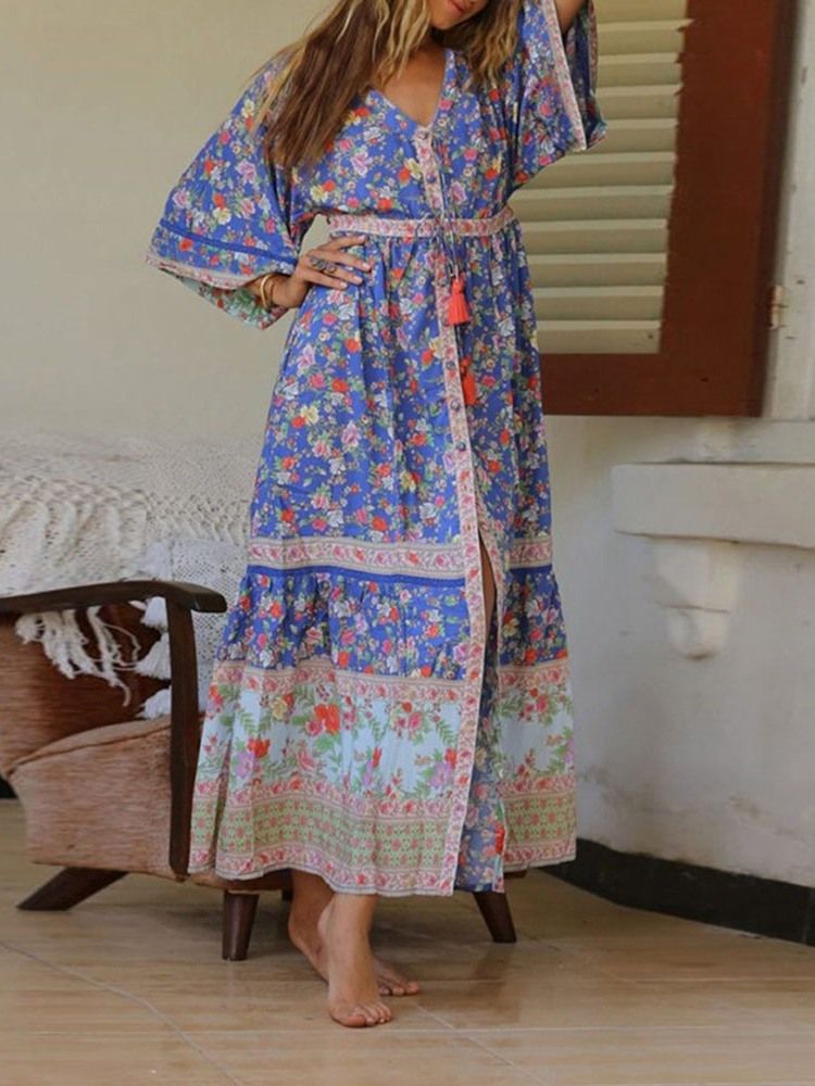 Vestido Longo Floral Com Estampa Até O Tornozelo Com Decote Em V Vestidos De Praia Para Mulheres