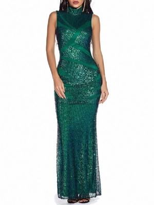 Vestido Longo De Lantejoulas Sem Mangas Feminino De Cintura Alta