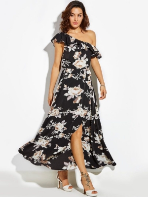 Vestido Maxi Com Estampa De Babados De Gola Oblíqua Feminina