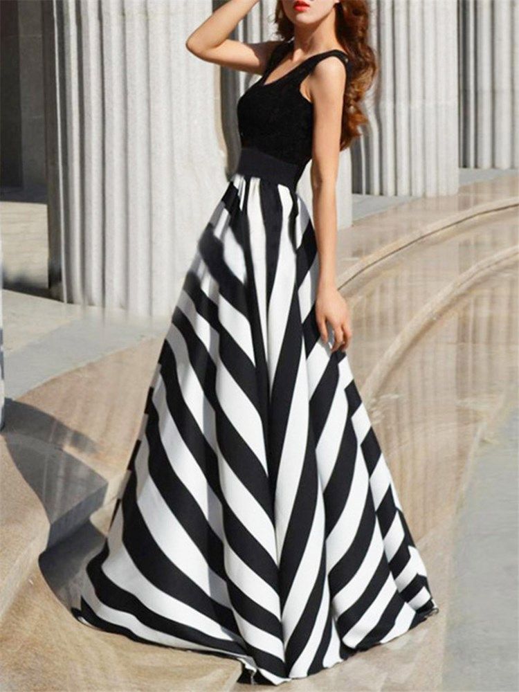Vestido Maxi Feminino Com Decote Em U Listrado Vertical