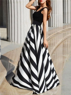 Vestido Maxi Feminino Com Decote Em U Listrado Vertical