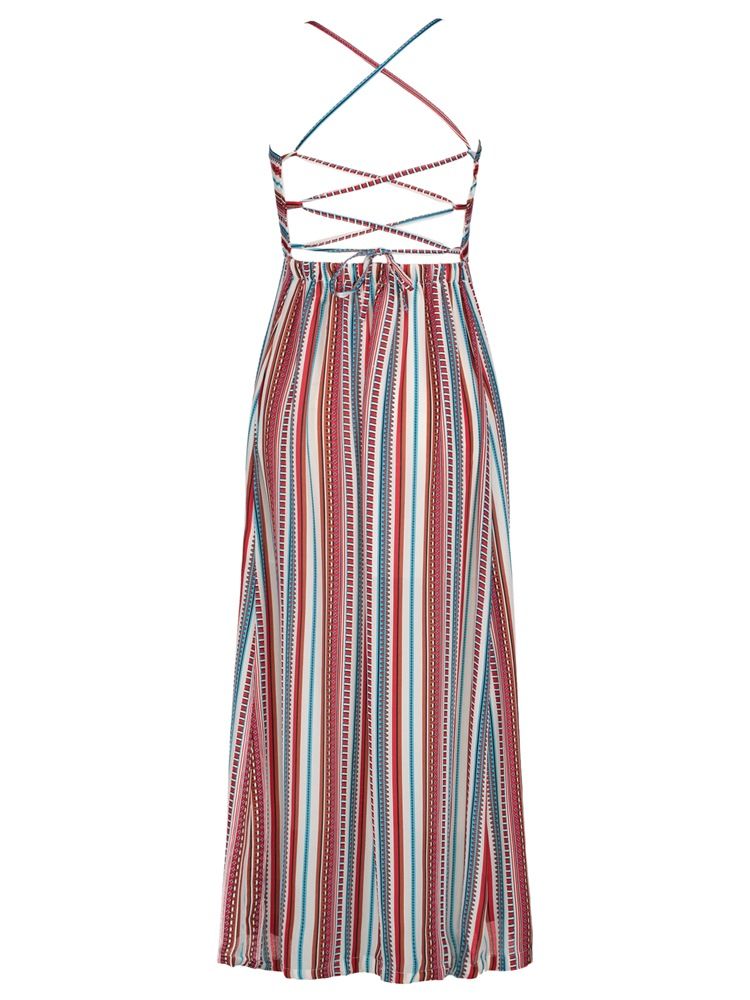 Vestido Maxi Feminino Cor Block Stripe Backless Vacation
