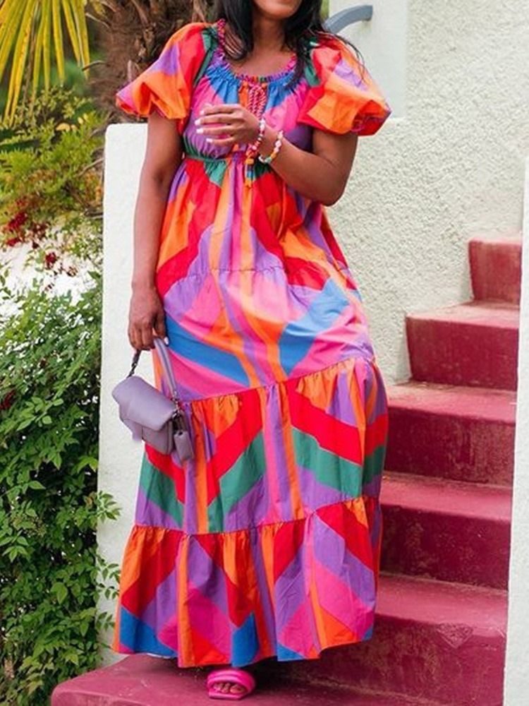 Vestido Maxi Feminino De Gola Quadrada De Manga Curta Até O Chão Pulôver Ocidental