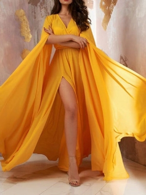 Vestido Maxi Feminino De Manga Comprida Com Decote Em V