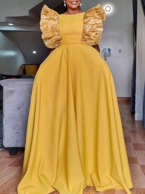Vestido Maxi Feminino De Manga Curta Plissada Em Volta Do Pescoço Liso Pulôver
