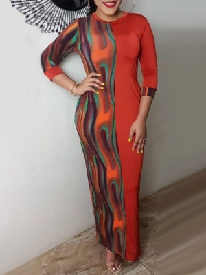 Vestido Normal Feminino Com Estampa De Manga Três Quartos Na Altura Do Tornozelo E Cintura Média
