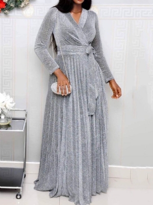 Vestido Normal Feminino Com Manga De Nove Pontos Pregueada Até O Chão