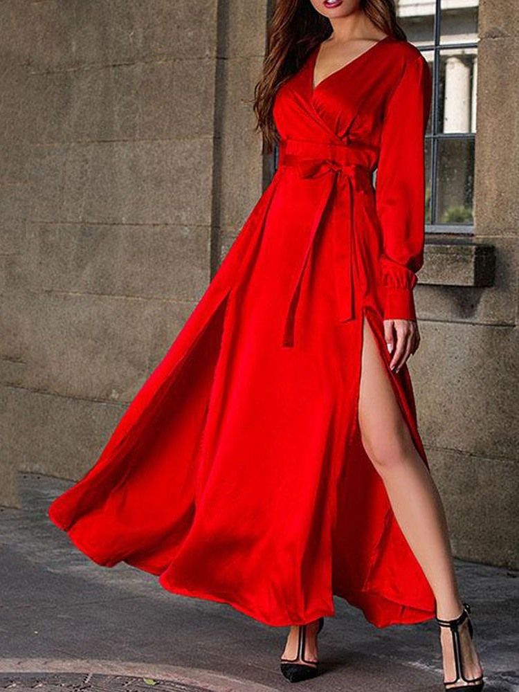 Vestido Normal Feminino De Manga Comprida Com Decote Em V Dividido