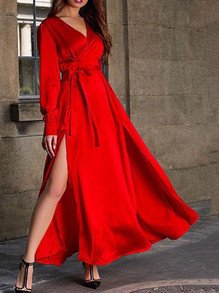 Vestido Normal Feminino De Manga Comprida Com Decote Em V Dividido