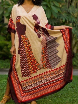 Vestido De Patchwork Feminino Com Decote Em V Manga Três Quartos