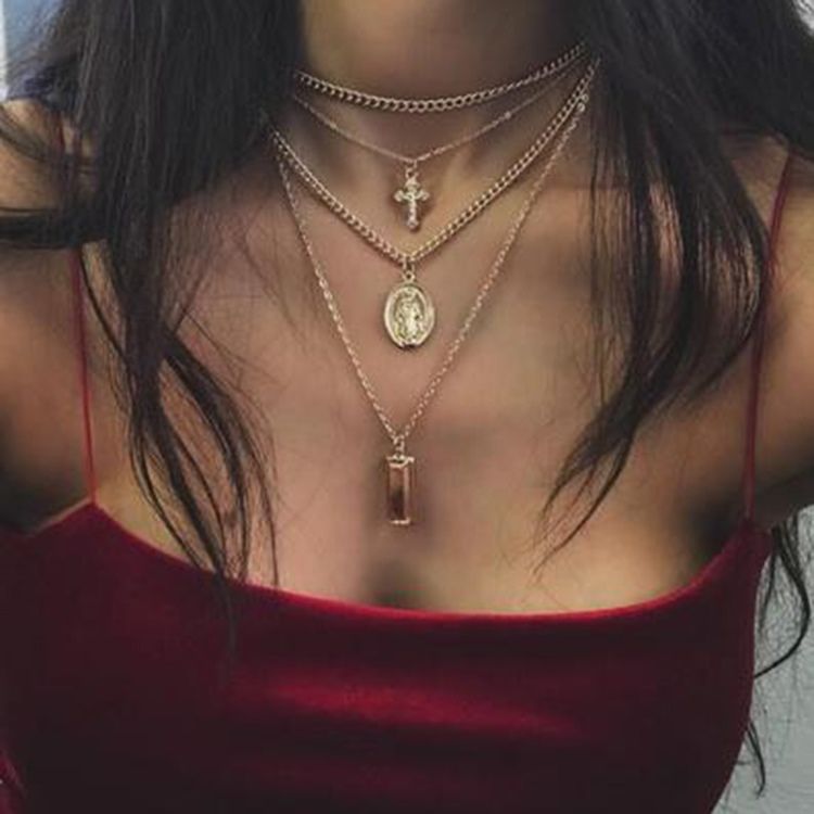 Colar Multicamadas Golden Cross Charm Em Camadas Para Mulheres