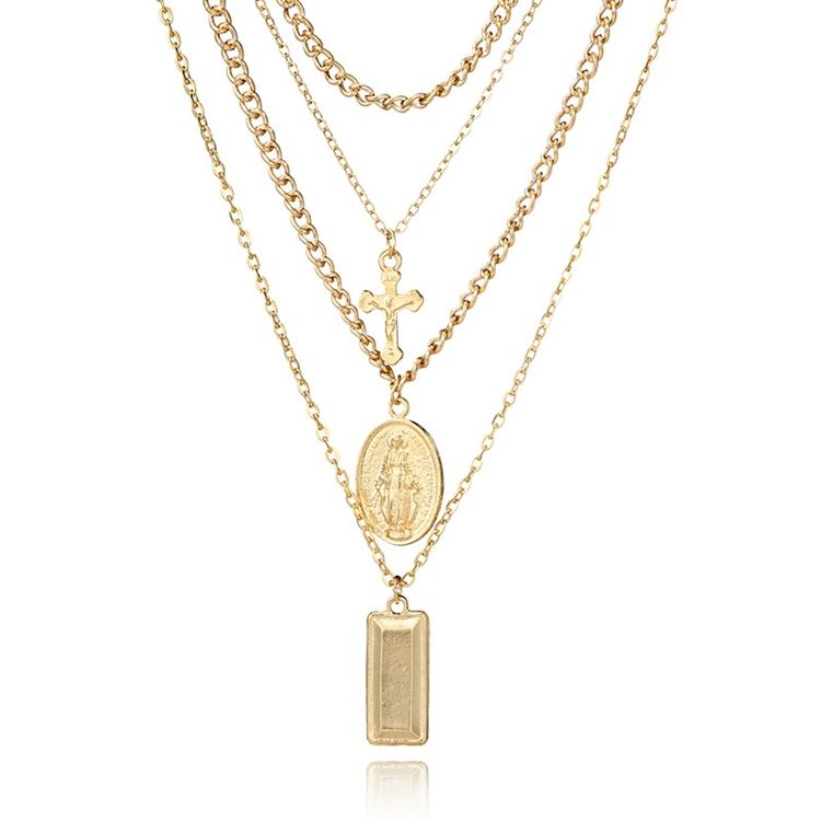 Colar Multicamadas Golden Cross Charm Em Camadas Para Mulheres