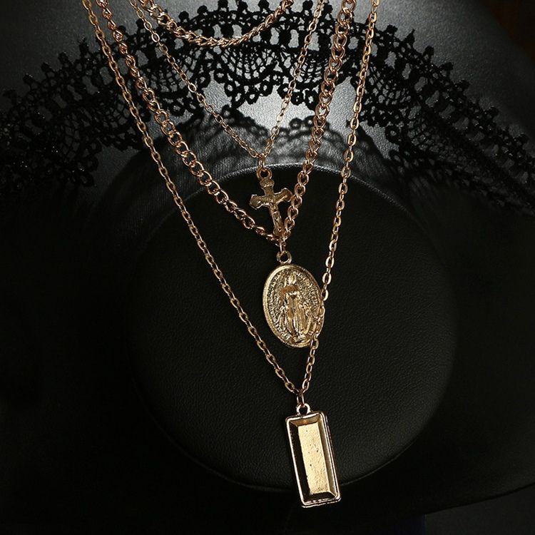 Colar Multicamadas Golden Cross Charm Em Camadas Para Mulheres