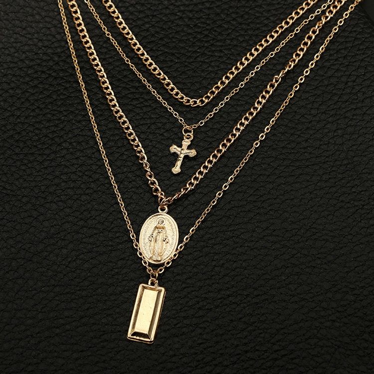 Colar Multicamadas Golden Cross Charm Em Camadas Para Mulheres