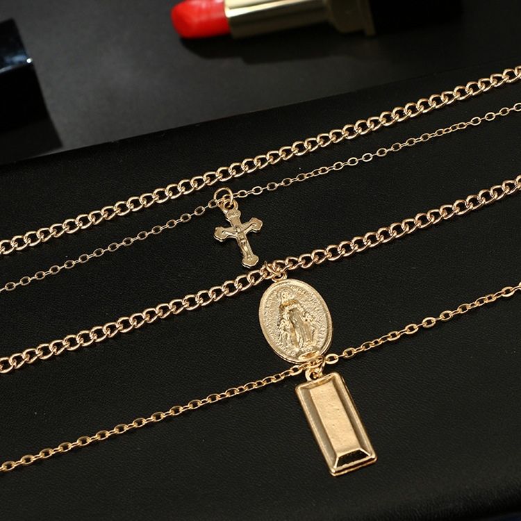 Colar Multicamadas Golden Cross Charm Em Camadas Para Mulheres
