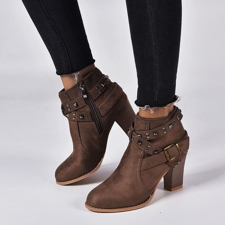 Biqueira Redonda Com Zíper Lateral Liso Botas De Tornozelo Femininas