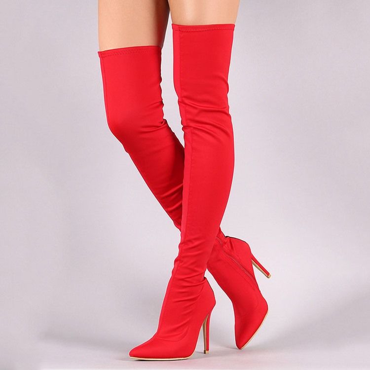 Botas Altas De Coxa Femininas Com Zíper Lateral Com Ponta Fina E Salto Agulha