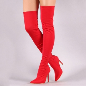 Botas Altas De Coxa Femininas Com Zíper Lateral Com Ponta Fina E Salto Agulha