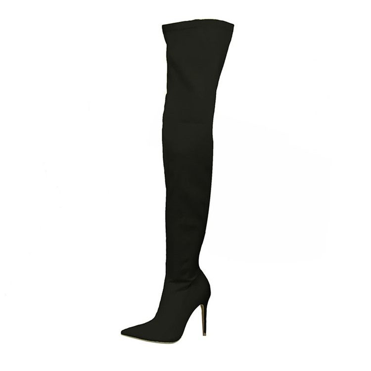 Botas Altas De Coxa Femininas Com Zíper Lateral Com Ponta Fina E Salto Agulha