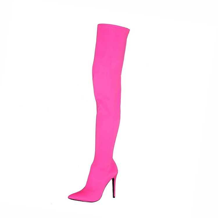 Botas Altas De Coxa Femininas Com Zíper Lateral Com Ponta Fina E Salto Agulha