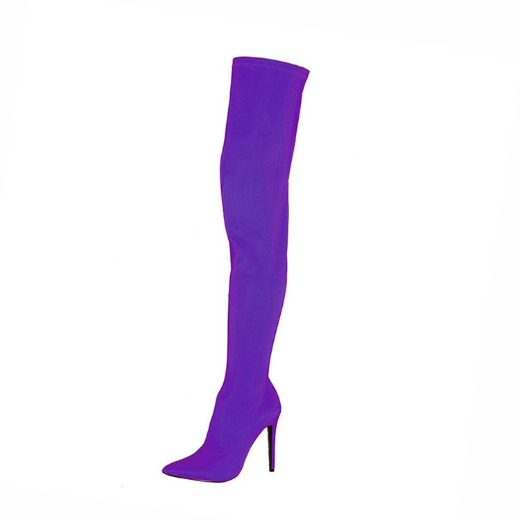 Botas Altas De Coxa Femininas Com Zíper Lateral Com Ponta Fina E Salto Agulha