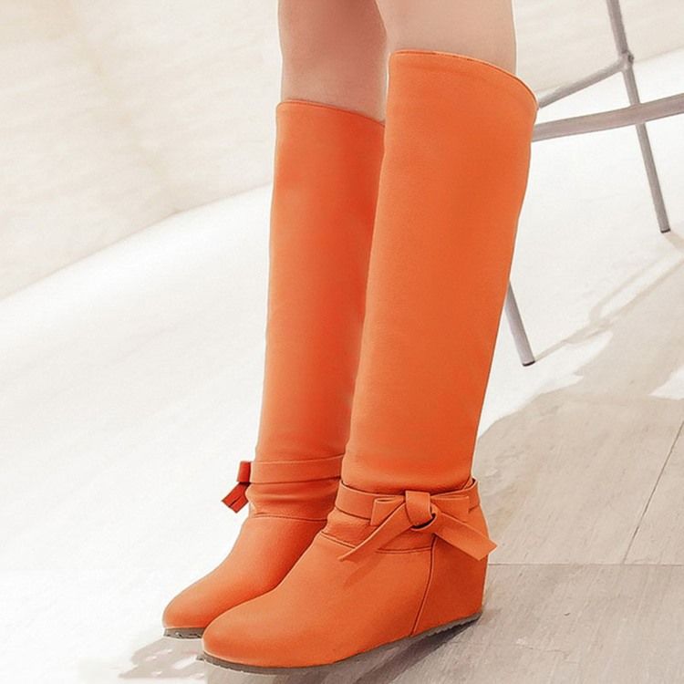 Botas Altas Femininas De Pu Bowknot Com Salto E Joelho