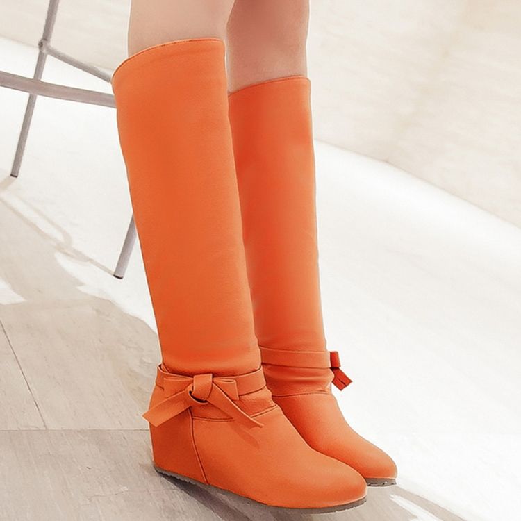 Botas Altas Femininas De Pu Bowknot Com Salto E Joelho