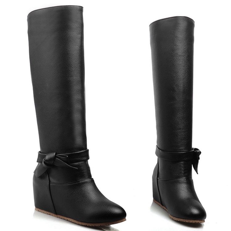 Botas Altas Femininas De Pu Bowknot Com Salto E Joelho