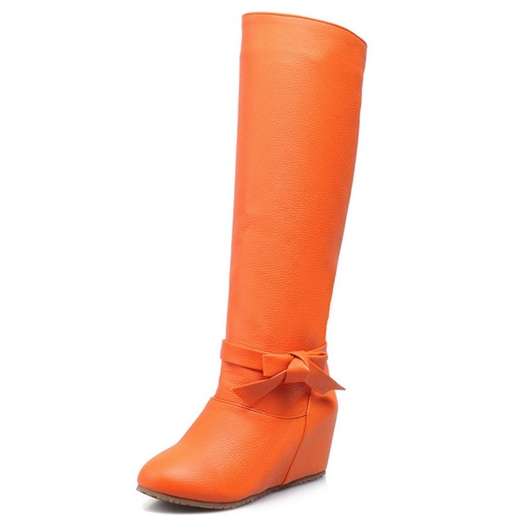 Botas Altas Femininas De Pu Bowknot Com Salto E Joelho