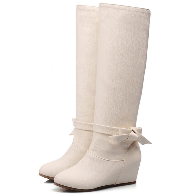 Botas Altas Femininas De Pu Bowknot Com Salto E Joelho