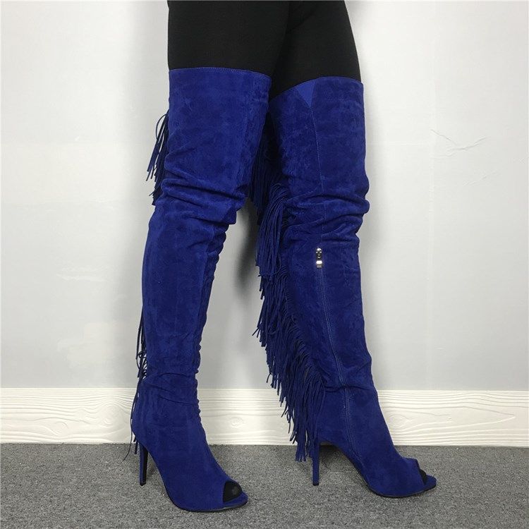 Botas Altas De Joelho Com Zíper Lateral Feminino Peep Toe