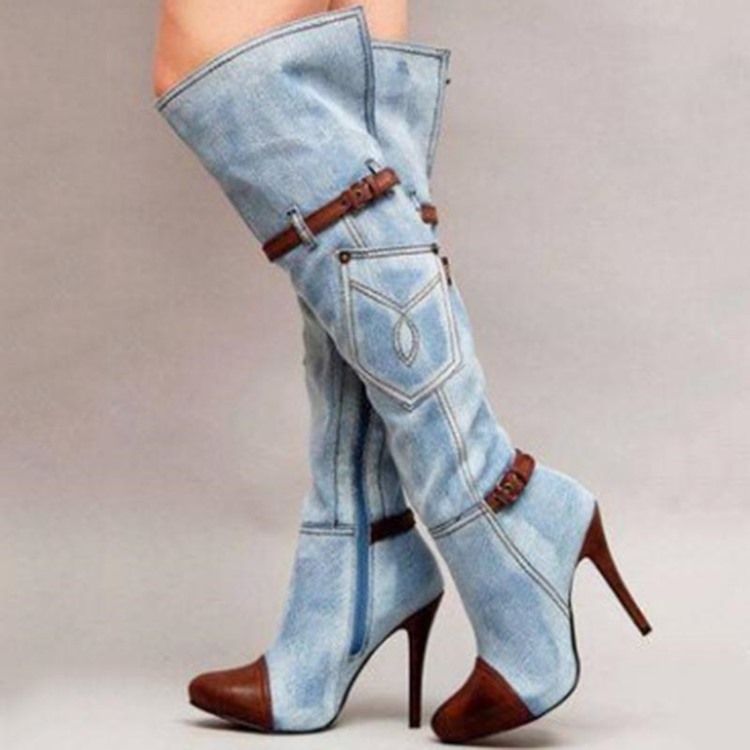 Botas Altas De Joelho De Salto Agulha De Patchwork Jeans Feminino