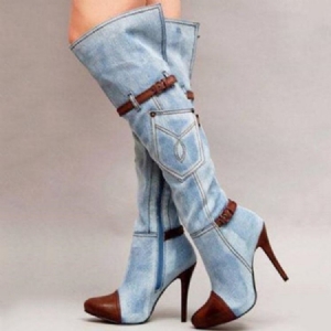 Botas Altas De Joelho De Salto Agulha De Patchwork Jeans Feminino