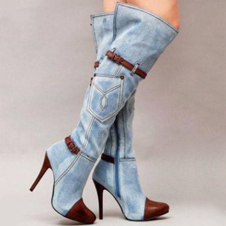 Botas Altas De Joelho De Salto Agulha De Patchwork Jeans Feminino