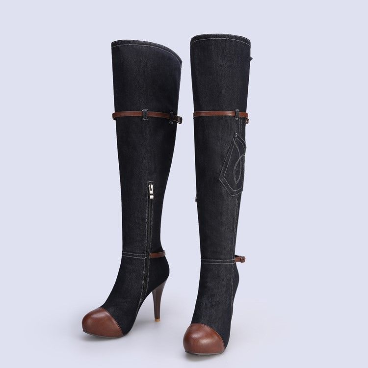 Botas Altas De Joelho De Salto Agulha De Patchwork Jeans Feminino