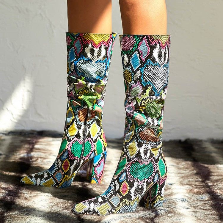 Botas Altas De Joelho Serpentina Com Zíper Lateral Feminino