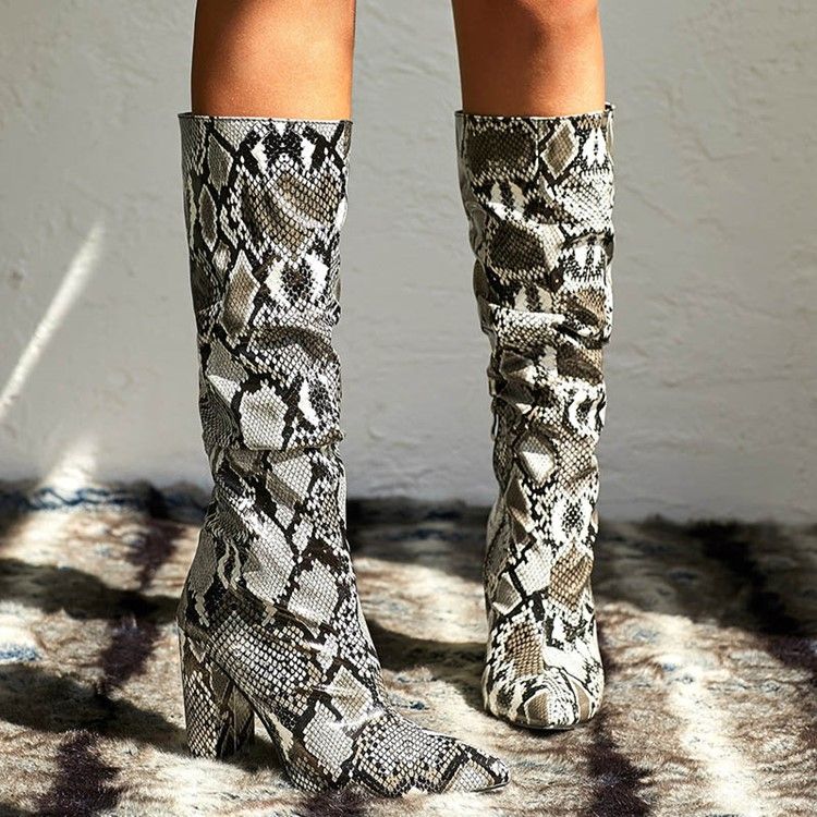 Botas Altas De Joelho Serpentina Com Zíper Lateral Feminino