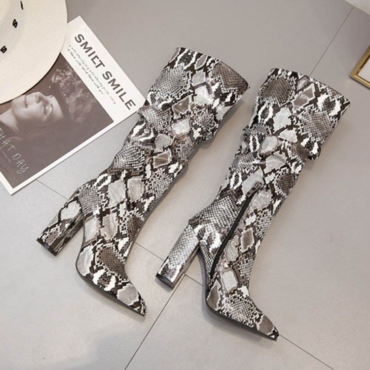 Botas Altas De Joelho Serpentina Com Zíper Lateral Feminino