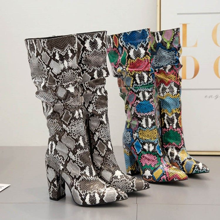 Botas Altas De Joelho Serpentina Com Zíper Lateral Feminino